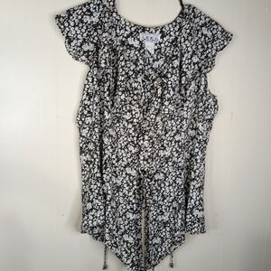 Anna Black and White Floral Ruffle Tie-Front Blouse